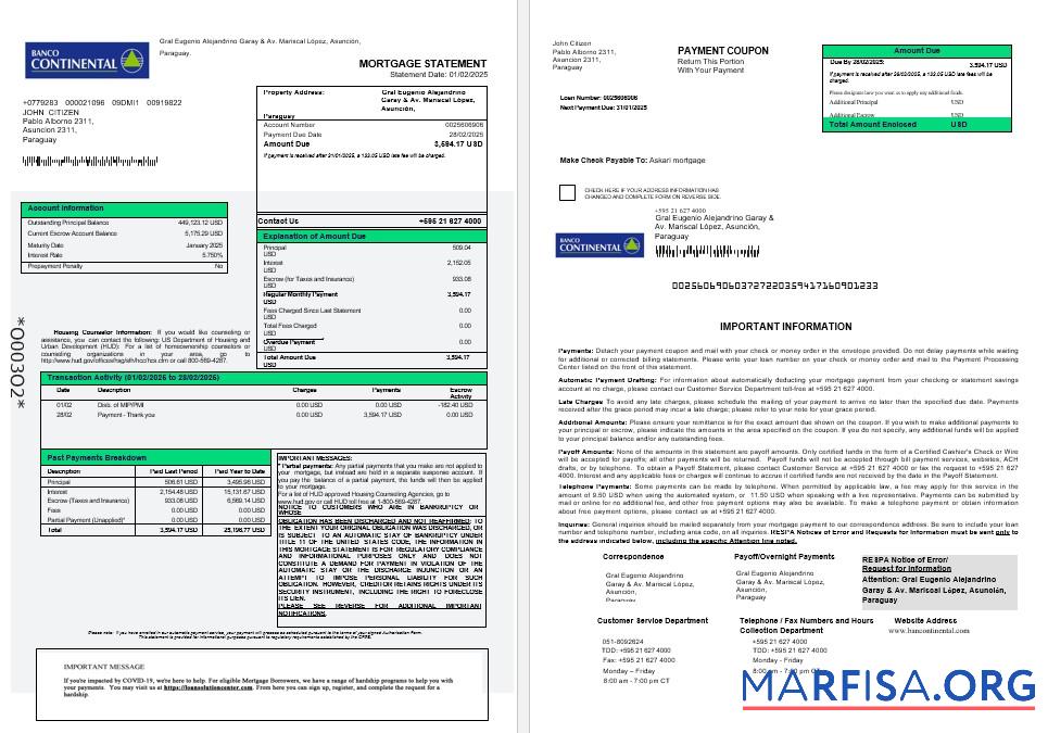 Printable Paraguay Banco Continental S.A.E.C.A. mortgage statement in Word and PDF formats 1 2 example